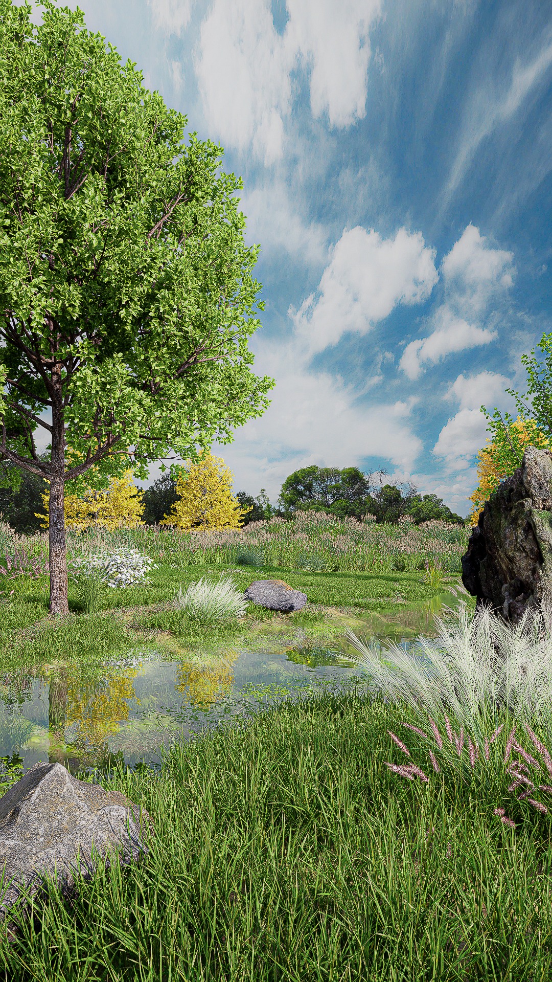 水辺の植栽を含むヴィラ建築CG